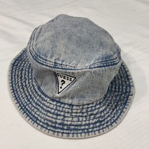 Guess Denim Bucket Hat Acid Wash Logo Casual Outdoor